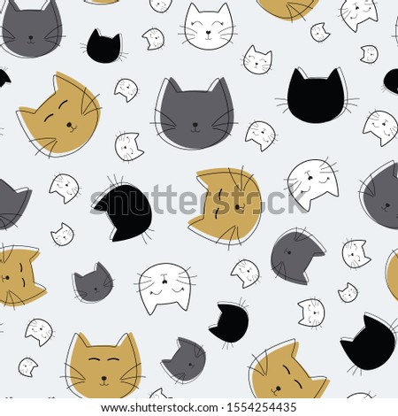 Vector White Cat Face Seamless Pattern background.  Perfect for fabric, scrapbooking, wallpaper, package design and wrapping paper.
