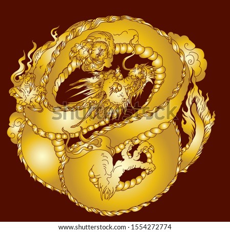 gold circle dragon tattoo.infinity chinese dragon.Gold dragon on red background.Lucky animal for Chinese new year.Illustration of Traditional chinese Dragon 