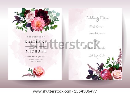 Luxury fall flowers wedding vector bouquet cards. Garden rose, burgundy red peony, pink protea, coral dahlia, ranunculus flowers, astilbe and berry.Autumn watercolor style frames.Isolated and editable Royalty-Free Stock Photo #1554306497