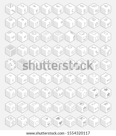 Big set of isometric icons. Glyphs, currency, music, social networks, symbols of South Korea, games, rating, setting. Light gray color. Ui design. Little paper art.