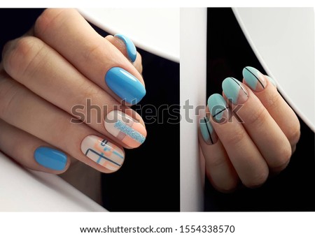 collage of photos with the image of long nails in bright color with a design