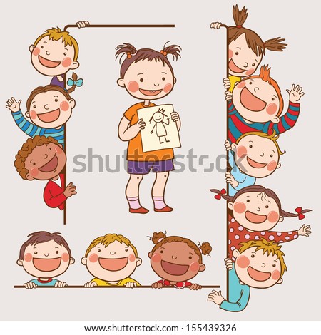 Kids peeping behind placard. Girl with drawing.Back to School isolated objects on white background. Great illustration for a school books and more. VECTOR. Editorial. Education. Advertising. Board.
