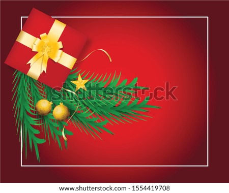 Merry Christmas. A red gift box , star, balls and pine leaves on red background. Vector illustration.