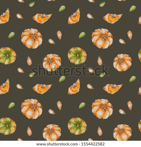 Thanksgiving watercolor pattern with orange pumpkin top view for flat. Hand drawn isolated on a green background.