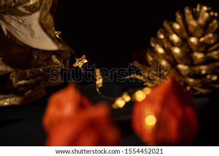 closeup of Christmas decoration with christmas lights and a black background 