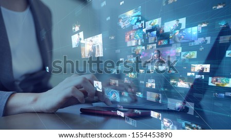 Social networking service concept. Streaming video. Video library.