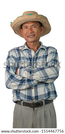 Asian farmer wear Plaid shirt.on white background with clipping path