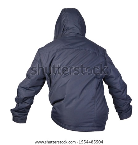 Men's dark blue  jacket in a hood isolated on a white background. Windbreaker jacket back  side view. Casual style