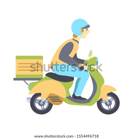 Courier on a scooter in a hurry to deliver an order. Vector flat illustration isolated on white background.