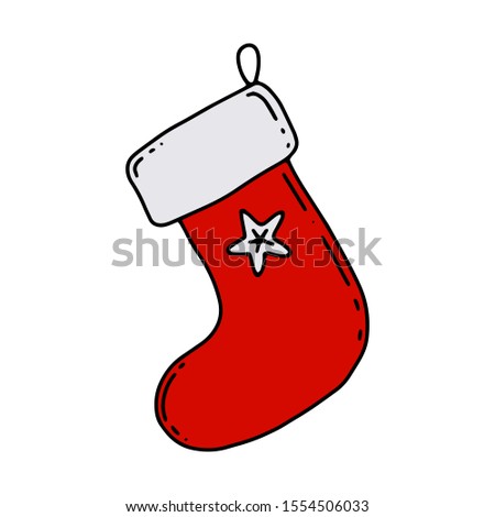 Christmas sock for gifts. Color vector illustration. Hand-drawn decor element for Christmas cards and design. Object isolated on white background