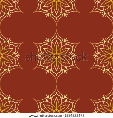 Seamless pattern with golden identical snowflakes symmetrically arranged on a red background. Christmas textiles, napkins, wrapping paper.