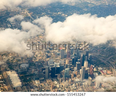 Houston Texas cityscape view from aerial view airplane