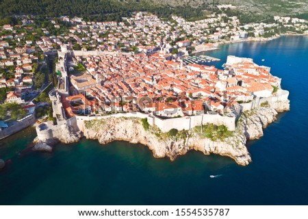 Town of Dubrovnik city walls UNESCO world heritage site aerial view, Dalmatia region of Croatia