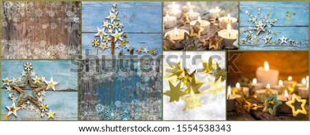 Merry Christmas: Collage of different festive Christmas pictures: golden stars, snowflakes, Christmas tree, candle light, old wooden boards and other decorations.