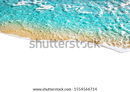Blue sea wave tide pattern on white background isolated closeup top view, turquoise ocean water surf texture, summer holidays frame border, tropical vacation backdrop, travel banner design, copy space