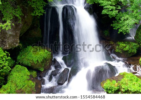 Ryuzu Waterfalls with lots of water surrounded by green foliage in the summer in Nikko, Tochigi, Japan. 