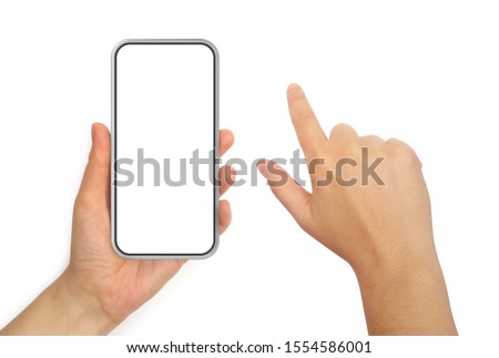 Hand Holding Mobile Phone and Hand With Pointing Finger Isolated on White Background.