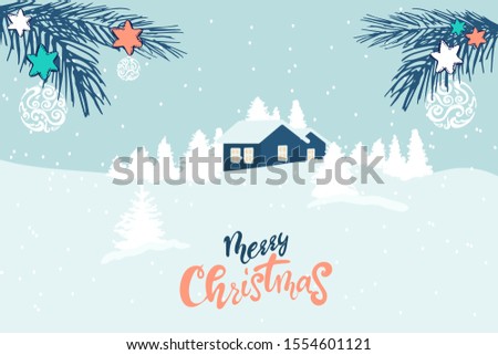 Winter landscape with a christmas tree, houses, sun, text in flat design in vector. Merry Christmas happy new year winter illustration. holiday design for christmas season.