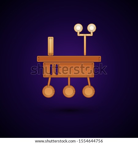 Gold Mars rover icon isolated on dark blue background. Space rover. Moonwalker sign. Apparatus for studying planets surface.  Vector Illustration