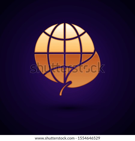 Gold Earth globe and leaf icon isolated on dark blue background. World or Earth sign. Geometric shapes. Environmental concept.  Vector Illustration