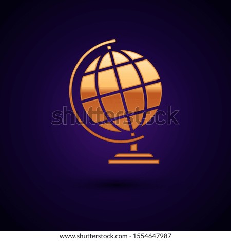 Gold Earth globe icon isolated on dark blue background.  Vector Illustration