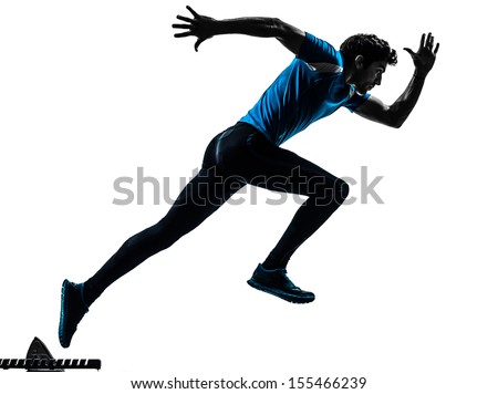 one caucasian man  running sprinting jogging in silhouette studio isolated on white background Royalty-Free Stock Photo #155466239
