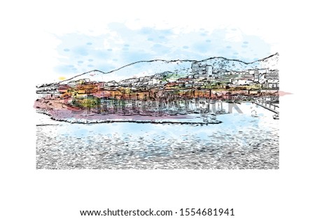 Building view with landmark of Ajaccio is the capital of Corsica, a French island in the Mediterranean Sea. Watercolor splash with Hand drawn sketch illustration in vector.