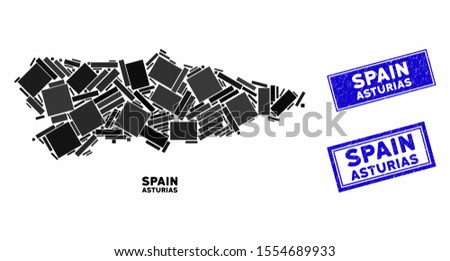 Mosaic Asturias Province map and rectangular watermarks. Flat vector Asturias Province map mosaic of random rotated rectangular items. Blue caption watermarks with rubber textures.