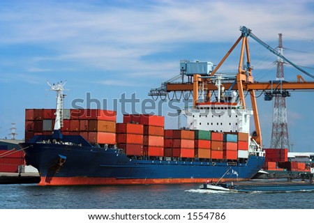 Large container ship in a dock at Antwerp harbor (logos and brandnames systematically removed) Royalty-Free Stock Photo #1554786
