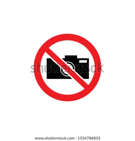 No camera icon inside red crossed out circle sign. Photography restriction symbol in protected area, ban on taking a photo without permission - isolated flat vector illustration