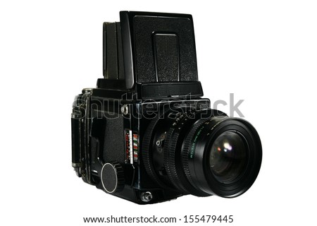 Retro Medium Format Film Camera A photo of a retro medium format film camera on white background