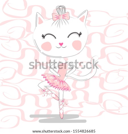 T shirt design. Modern fashion style on white background with heart, original text I love dance. Cute ballerina cat dancing ballet in pink tutu.