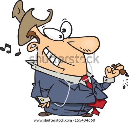Cartoon man wearing a cowboy hat and mp3 player holding a cigar