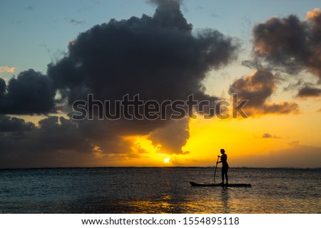Girl surfer coming back from the ocean by paddle board  against the backdrop of a beautiful sunset in Mauritius