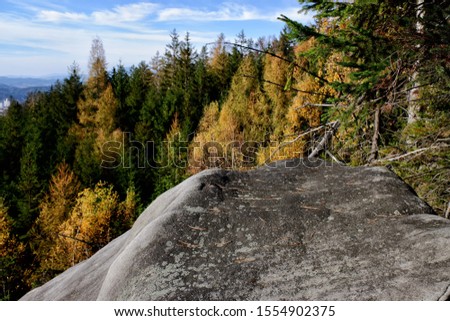 Sandstone rock in autumn forest.