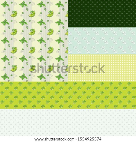 A set of vector geometric patterns on a mojito theme, contains the following elements: bright green leaves and mint flowers, a slice of lime, lime flowers, pieces of ice, straws of gray color