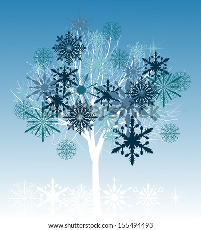 illustration with tree from blue snowflakes on light background