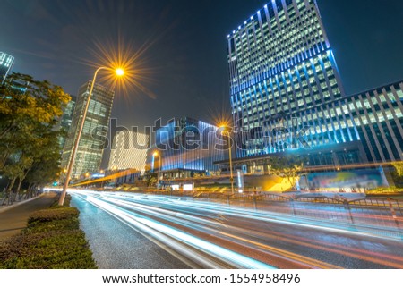 light trails on the urban road in shanghai financial center,China