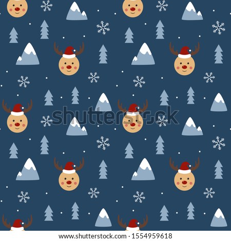 Cute reindeer seamless pattern. Christmas and New Year background. Winter seamless pattern with funny woodland forest animal, snowflake, fir tree, mountain Blue background. Cartoon vector illustration