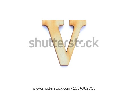 Alphabet letter wooden font with shadow isolated over white background. English flat wood character V.