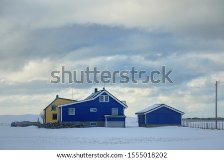 Beautiful scenery of blue house on snow at Lofoten during winter time of Norway,  Arctic,Scandinavia,  Europe. 