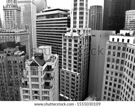 Inner city view of the City of Chicago in Black and White. Office buildings. Apartment buildings. Loft view.