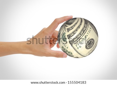hand holding money ball isolated on white background, green globe concept