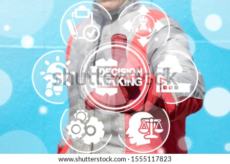Decision making industry concept. Worker represents decision making cog wheel icon on virtual screen. Royalty-Free Stock Photo #1555117823