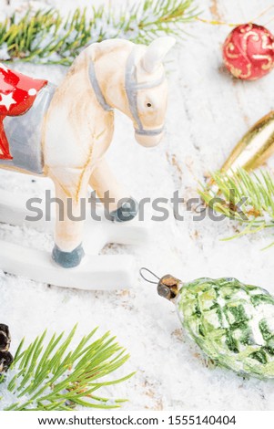 Symbolic horse for Christmas.Vintage Christmas decorations for the holiday.Beautiful Christmas composition