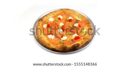Pizza macro and slice on white backround with salmon, cheese, tomatoes, caviar, greens