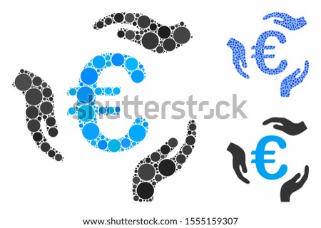 Euro care hands composition of small circles in various sizes and color hues, based on Euro care hands icon. Vector random circles are united into blue composition.