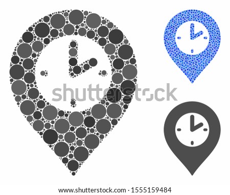 Clock marker composition of spheric dots in variable sizes and color tints, based on clock marker icon. Vector dots are combined into blue composition.