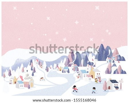 vector illustration of winter wonderland in pink pastel background.The cute small village in Christmas day with snow.Kids playing iced skating with snowman and snowball.Minimal winter landscape. Royalty-Free Stock Photo #1555168046