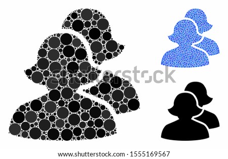 Women composition of small circles in variable sizes and color tones, based on women icon. Vector random circles are composed into blue collage. Dotted women icon in usual and blue versions.